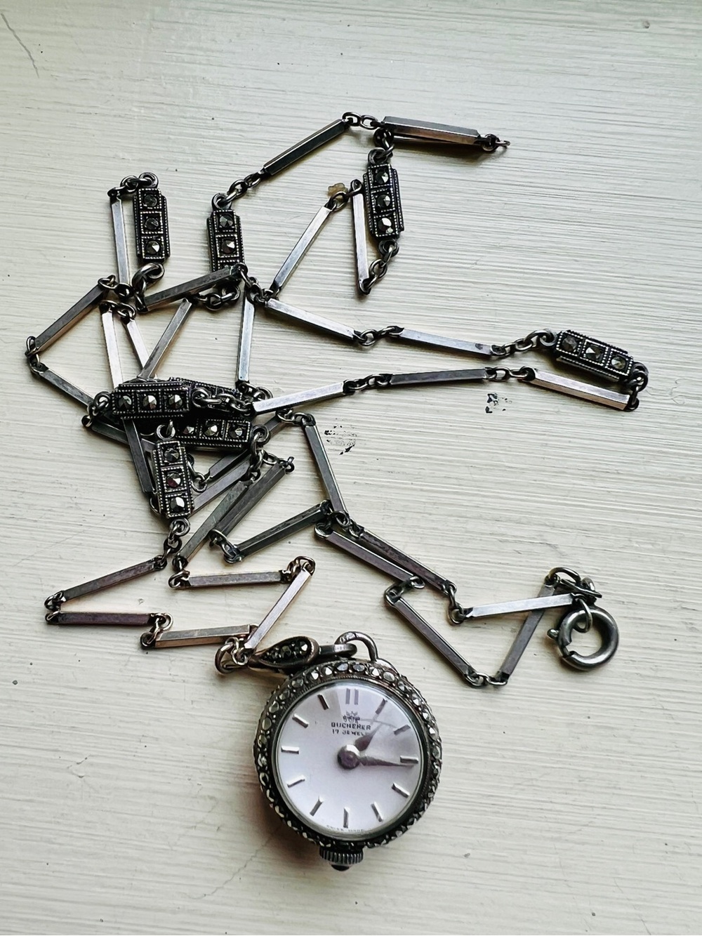 Antique 800 Silver Marcasite French Bucherer Bubble Glass Skeleton Watch Pendant